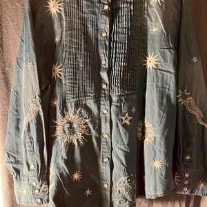 Embroidered Denim Shirt with Sun and Moon Design